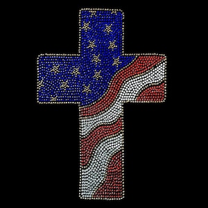 May include: A red, white, and blue American flag design in the shape of a cross. The flag is made of rhinestones.