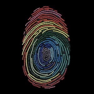 May include: A fingerprint design composed of colorful, sparkling dots in a rainbow spectrum against a black background. The dots create a detailed pattern, with the colors transitioning from red to blue.