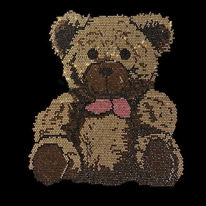 May include: A brown teddy bear made of gold and black rhinestones. The bear has a pink tongue sticking out.