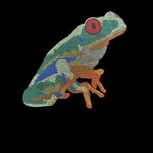 May include: A colorful illustration of a red-eyed tree frog against a black background. The frog is depicted with a mosaic-like pattern of small dots in shades of green, blue, orange, and white. The frog's eyes are bright red.