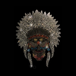 May include: A Native American headdress made of rhinestones in the shape of a skull. The headdress is adorned with colorful rhinestones and feathers.