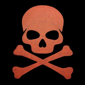 Peut inclure: Un motif de crâne et d'os croisés réalisé avec de petites perles orange sur un fond noir.