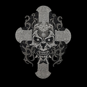 May include: A black and white rhinestone skull design with a cross in the centre. The skull is surrounded by a decorative design of swirls and lines.