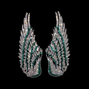 Green Angel Wings heat transfer, Crystal Wings, Iron on Design, Hotfix Rhinestones, Bling Wings, Rhinestone Design for Clothing 12&quot; x 10&quot;