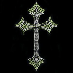 Crystal Cross Iron On Patch Green cross Rhinestone Applique (8.5" x 5") heat transfer designs