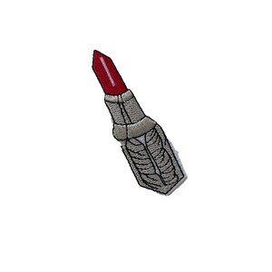 May include: A red and silver embroidered iron-on patch of a lipstick tube.