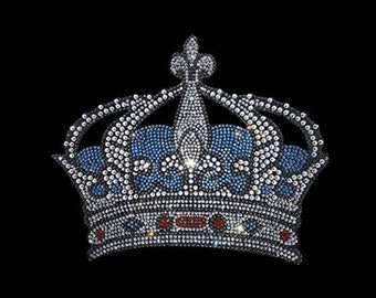 Rhinestone Crown Design Heat  Transfer , Iron on Blue Royal Crown Motif , Hot Fix  Crown Decal Patch , Crystal Royal Crown,Rhinestone Tshirt