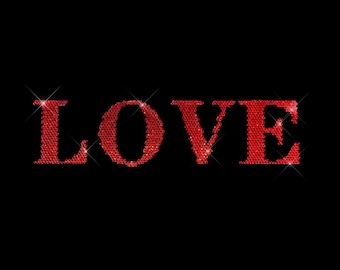 Red Rhinestone LOVE Iron-On Patch: Hotfix T-Shirt Applique (2" x 6")