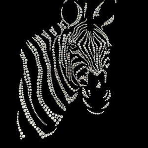 May include: A black and white zebra silhouette made of rhinestones. The zebra's head is turned to the side, and its mane is made of rhinestones.