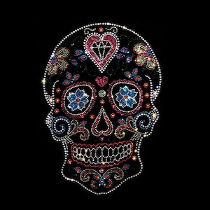 Neon Skull Iron on Heat Transfer, Rhinestone Skull Applique, Hot-Fix Crystal Skull Design, Rhinestone Iron-On Patches, 11&quot; x 8.5&quot;