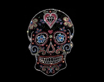 Neon Rhinestone Skull Iron on Patch, Hot Fix Crystal Applique (11" x 8.5") heat transfer skeleton design