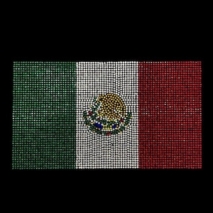 May include: A Mexican flag made of green, white, and red rhinestones. The white section features the Mexican coat of arms, which is a golden eagle perched on a cactus with a snake in its beak.