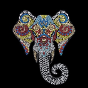 May include: A colourful elephant design made of rhinestones. The elephant's head is facing forward with its trunk curled up. The design is in shades of blue, red, yellow, and white.