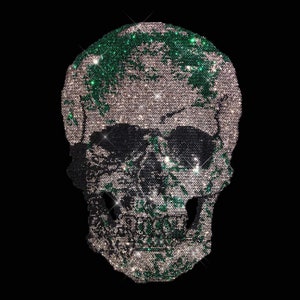 May include: A skull design made entirely of rhinestones, with a green and silver color scheme.