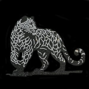 May include: A black and white rhinestone design of a tiger walking. The tiger is made of small, sparkling rhinestones.