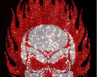 Flaming Skull Rhinestone Iron On Transfer Skeleton Bone Crystal Heat Press Decal (13” x 8”)