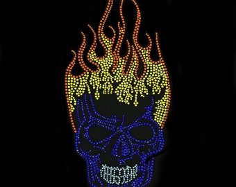 Flaming Skull Rhinestone Heat Transfer Decal: Iron On Applique (11" X 5.5”)