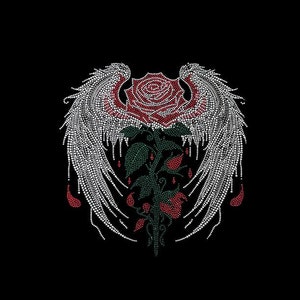Rose angel wings rhinestone transfer, rhinestone angel wings with rose applique, heat transfer angel wings patch, bling angel wing 11&quot; x10&quot;
