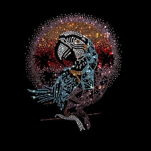 May include: A black background features a sparkling parrot design. The parrot is rendered in blue, white, and gold rhinestones, perched on a branch. A sunset-like circle with palm trees forms the backdrop.