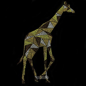 May include: A yellow and brown giraffe silhouette made of rhinestones on a black background.