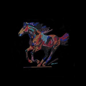 May include: A colorful horse silhouette made of rhinestones, with a black background. The horse is running with its mane flowing in the wind. The rhinestones are in shades of red, orange, yellow, green, blue, purple, and pink.