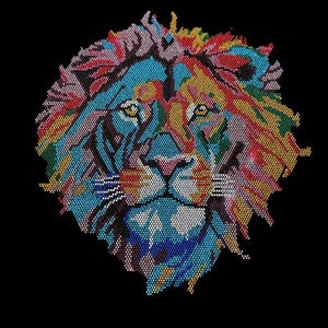 May include: A colorful mosaic lion head with blue, red, yellow, and green accents. The lion's mane is made of small, colorful beads.