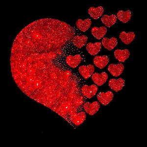May include: A red heart made of small red hearts, with a large red heart in the center. The hearts are arranged in a pattern that resembles a broken heart.