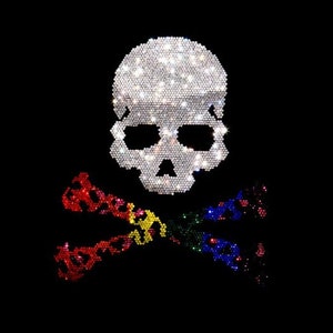 May include: A skull and crossbones design made of rhinestones. The skull is white and the crossbones are multi-colored.