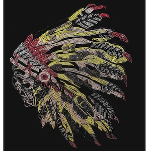 May include: A black background with a large, colourful, rhinestone-covered Native American headdress. The headdress is made of red, yellow, and black rhinestones and has a feather design.