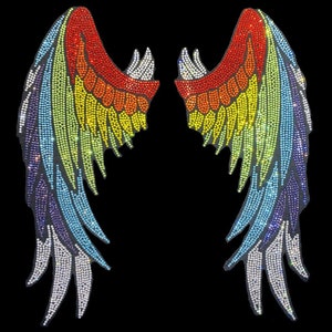 Angel wing iron on designs, heat transfer colorful rhinestone patches , hot fix crystal clothing applique , bling bling transfers 12.5x10