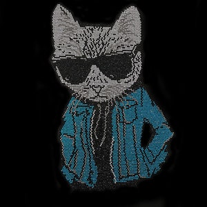 Peut inclure: Un chat noir et blanc portant des lunettes de soleil et une veste en jean bleue. Le chat est fait de strass.