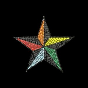 May include: A five-pointed star-shaped patch with a colorful design. The star is made of rhinestones in shades of red, orange, yellow, green, and blue.