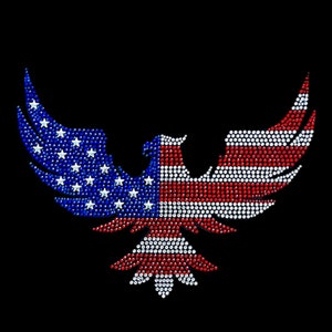 May include: A patriotic design featuring an eagle with outstretched wings, rendered in red, white, and blue rhinestones. The design incorporates the stars and stripes of the American flag, set against a black background. This image is suitable for apparel.