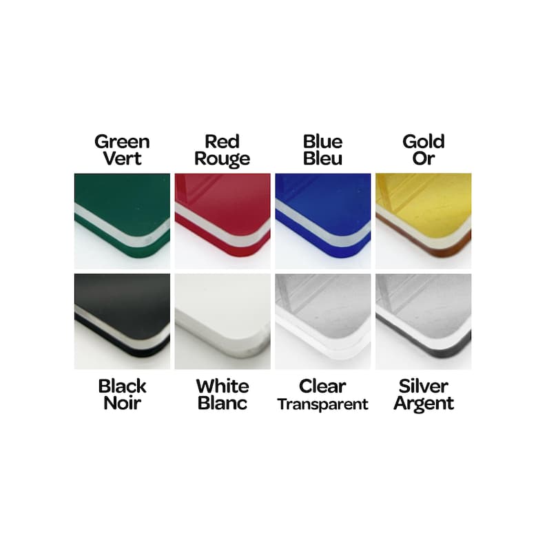 Op de afbeelding: Een selectie van acrylplaten in verschillende kleuren, waaronder groen, rood, blauw, goud, zwart, wit, transparant en zilver. De platen zijn gerangschikt in twee rijen van vier.