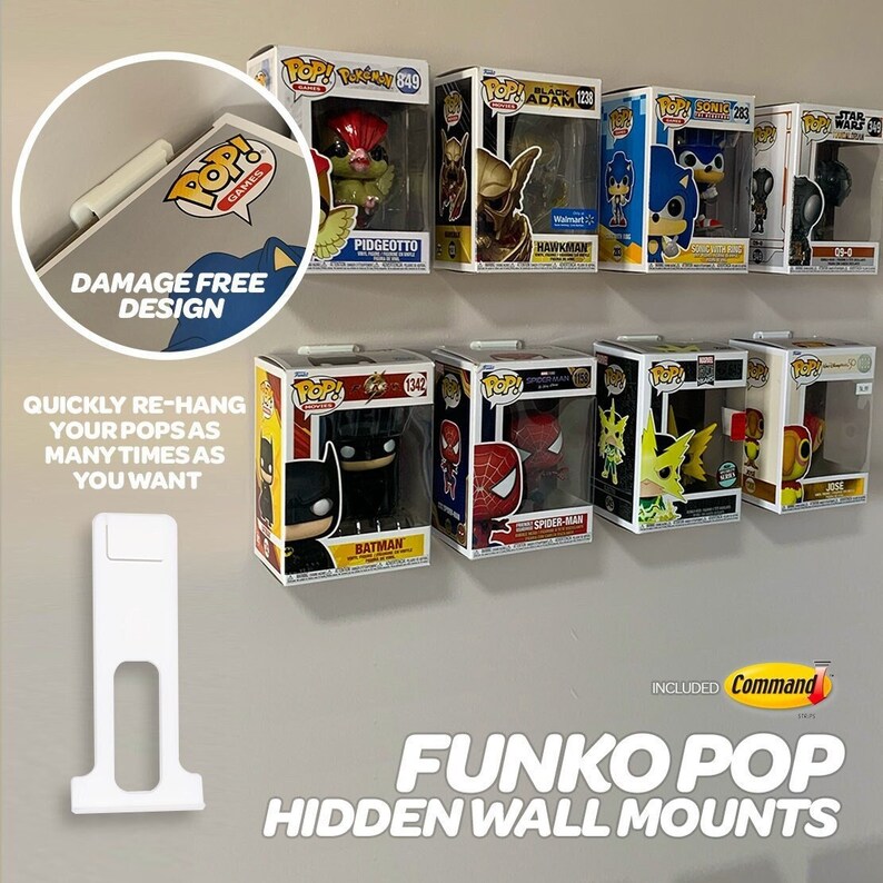 May include: White wall mounts for Funko Pop figures. The mounts are designed to be hidden behind the figures, so they are not visible. The mounts are easy to install and remove, and they can be used to display Funko Pop figures on any wall. The image shows a variety of Funko Pop figures, including Batman, Spider-Man, and Sonic the Hedgehog. The text on the image reads "Funko Pop Hidden Wall Mounts".
