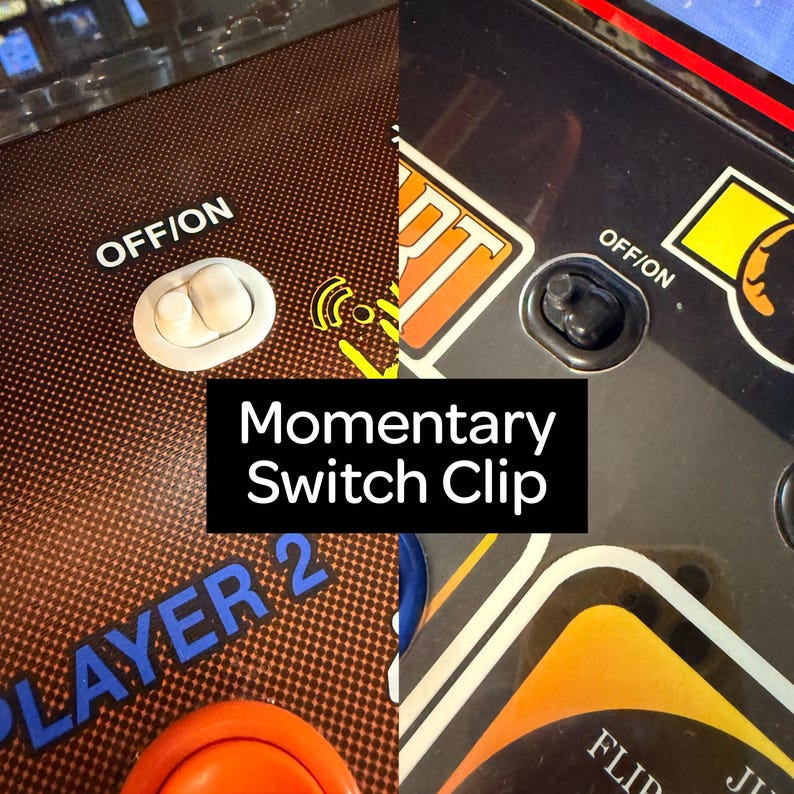 May include: Close-up of two arcade game control panels. One panel features a white off/on switch and the text "OFF/ON". The other panel has a black off/on switch. The text "Momentary Switch Clip" is in a black box.