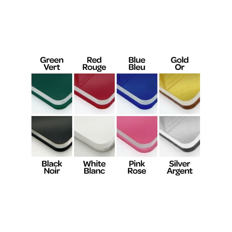 May include: A set of 10 acrylic squares in various colors, including green, red, blue, gold, black, white, pink, and silver. Each square has a white border and is labeled with the color name in both English and French.