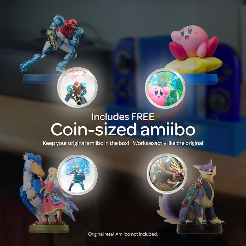 Protect your precious JoyCons with this wall mounted JoyCon Stand! Includes your choice of Amiibo.