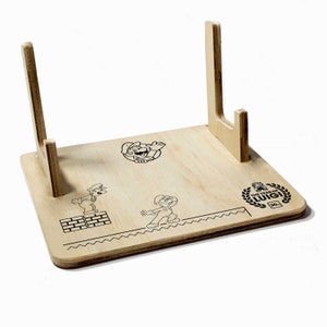 May include: A wooden stand with a cutout design of Mario and Luigi characters from the Super Mario Bros. video game. The stand is engraved with "The Year of Luigi 30th" and features a decorative design of a brick wall and a platform.
