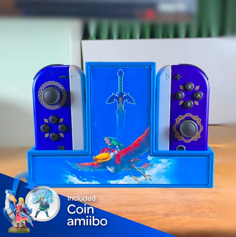Protect your precious JoyCons with this wall mounted JoyCon Stand! Includes your choice of Amiibo.