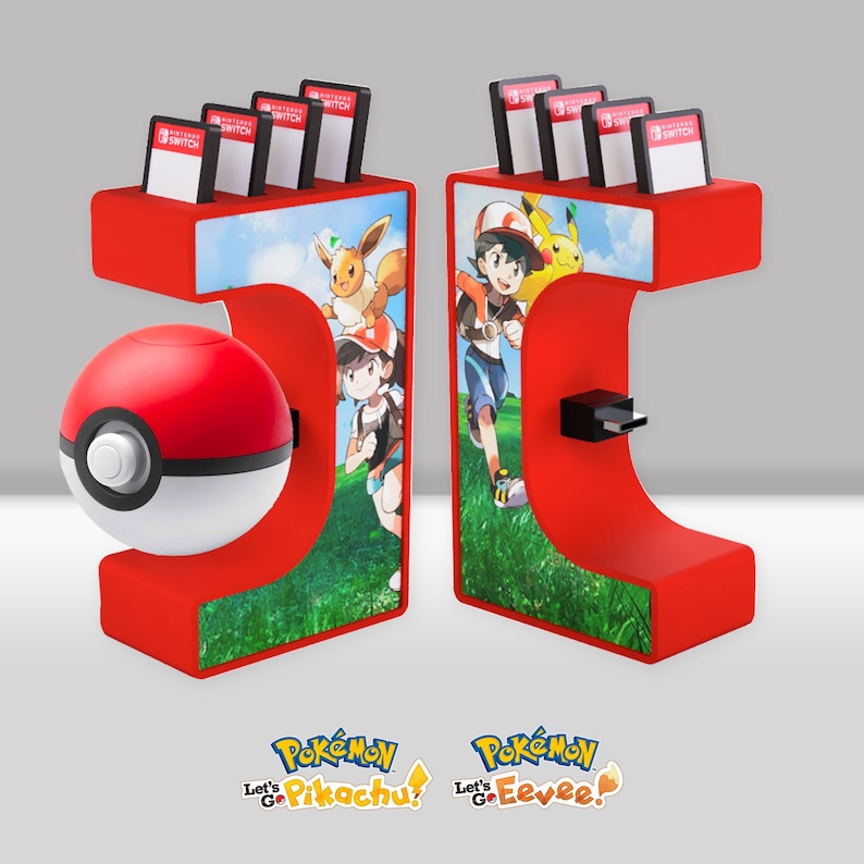 May include: Red and white Nintendo Switch game cartridge holder with a Poke Ball on the left side and a Pokemon Let's Go Pikachu! and Let's Go Eevee! logo on the bottom. The holder has a red and white design with a Pokemon Let's Go Pikachu! and Let's Go Eevee! theme.