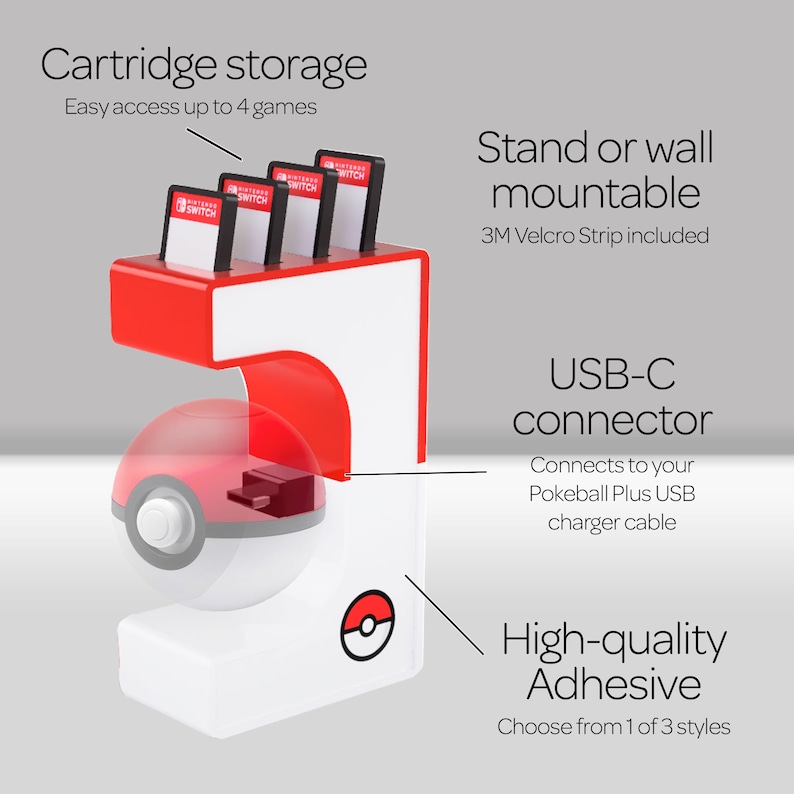 May include: Red and white Pokeball Plus charging stand with a built-in cartridge storage for up to four Nintendo Switch game cards. The stand has a USB-C connector for charging and a 3M Velcro strip for mounting.