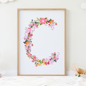 Arte inicial de pared digital, impresión de letra C, letra imprimible C, letra floral C, alfabeto del bosque, descarga instantánea, descarga digital