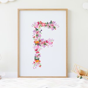 Arte de pared digital inicial, impresión de letra F, letra F imprimible, letra floral F, alfabeto del bosque, descarga instantánea, descarga digital