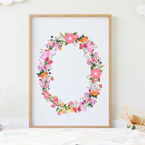 Arte inicial de pared digital, letra O impresión, letra imprimible O, letra floral O, alfabeto del bosque, descarga instantánea, descarga digital