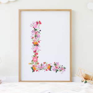 Arte inicial de pared digital, impresión de letra L, letra imprimible L, letra floral L, alfabeto del bosque, descarga instantánea, descarga digital