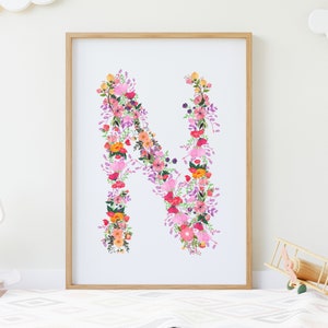 Arte de pared digital inicial, letra N impresión, letra imprimible N, letra floral N, alfabeto del bosque, descarga instantánea, descarga digital