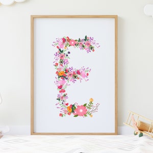 Arte inicial de pared digital, impresión de letra E, letra imprimible E, letra floral E, alfabeto del bosque, descarga instantánea, descarga digital