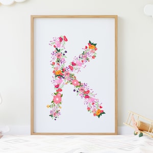 Arte inicial de pared digital, impresión de letra K, letra imprimible K, letra floral K, alfabeto del bosque, descarga instantánea, descarga digital