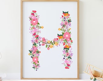 Arte de pared digital inicial, impresión de letra H, letra imprimible H, letra floral H, alfabeto del bosque, descarga instantánea, descarga digital